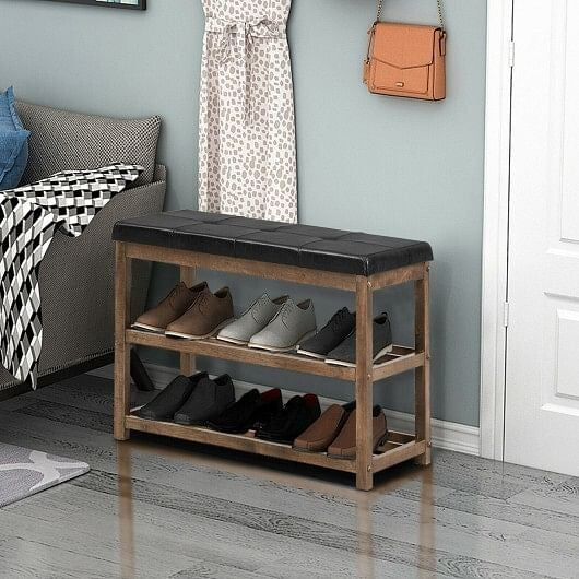 2-Tier Wooden Shoe Rack Bench with Padded Seat-White