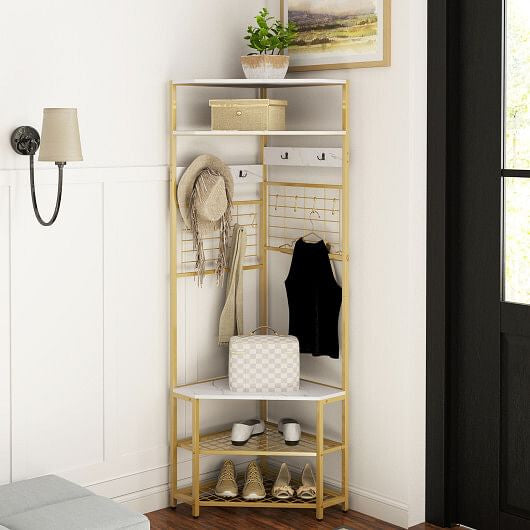 5-Tier Corner Hall Tree with Shoe Storage Bench-Rustic Brown