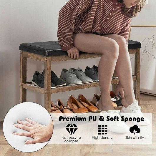 2-Tier Wooden Shoe Rack Bench with Padded Seat-White
