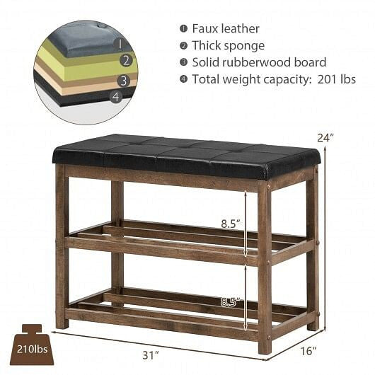 2-Tier Wooden Shoe Rack Bench with Padded Seat-White